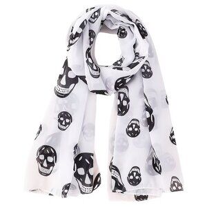NEW Soft Silky Poly Chiffon Long Scarf w/Large B/W Skull Pattern, 18” W x 55"L